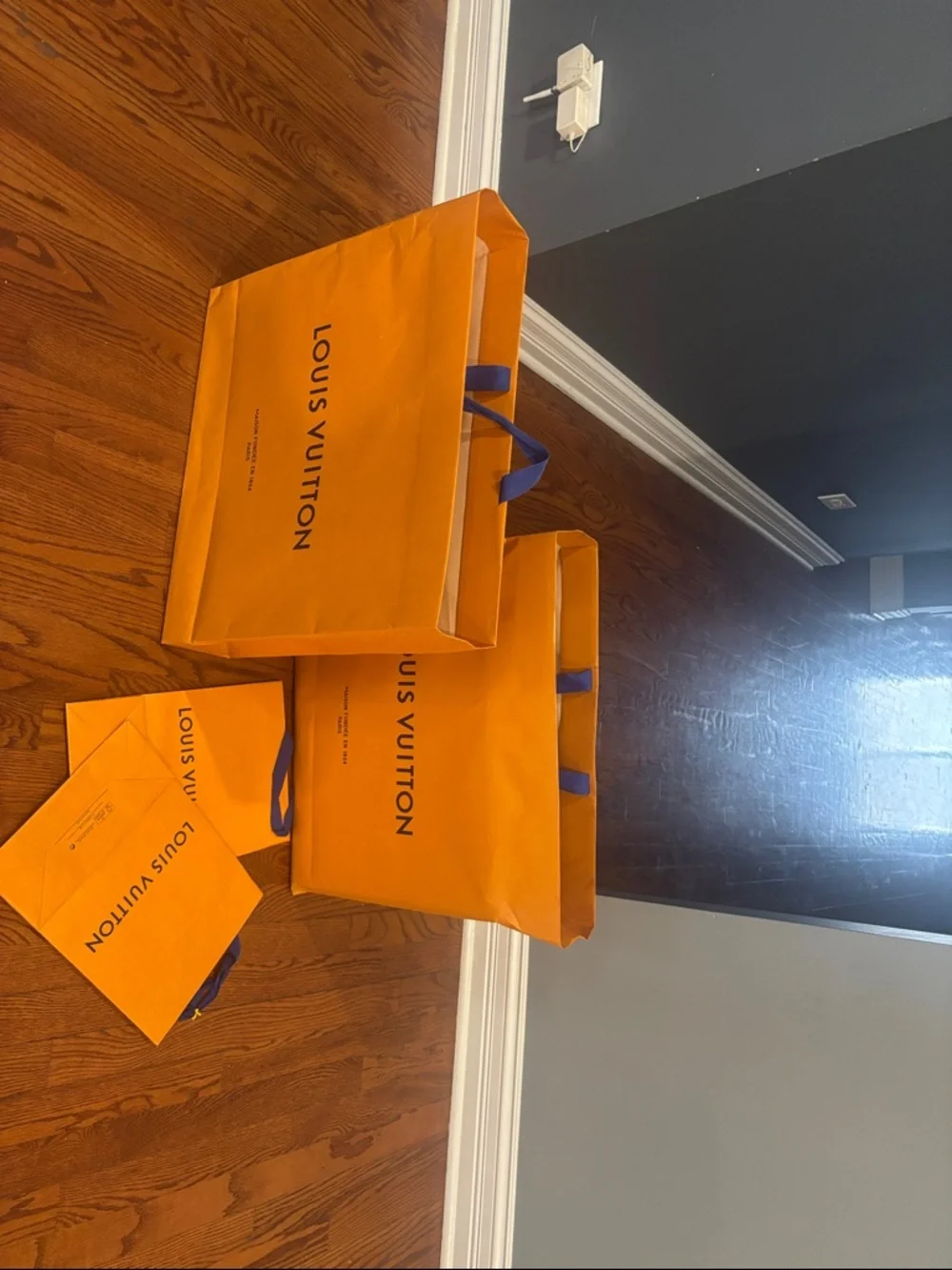 Louis Vuitton Orange Shopping Bags with Blue Handles and Logo gift set